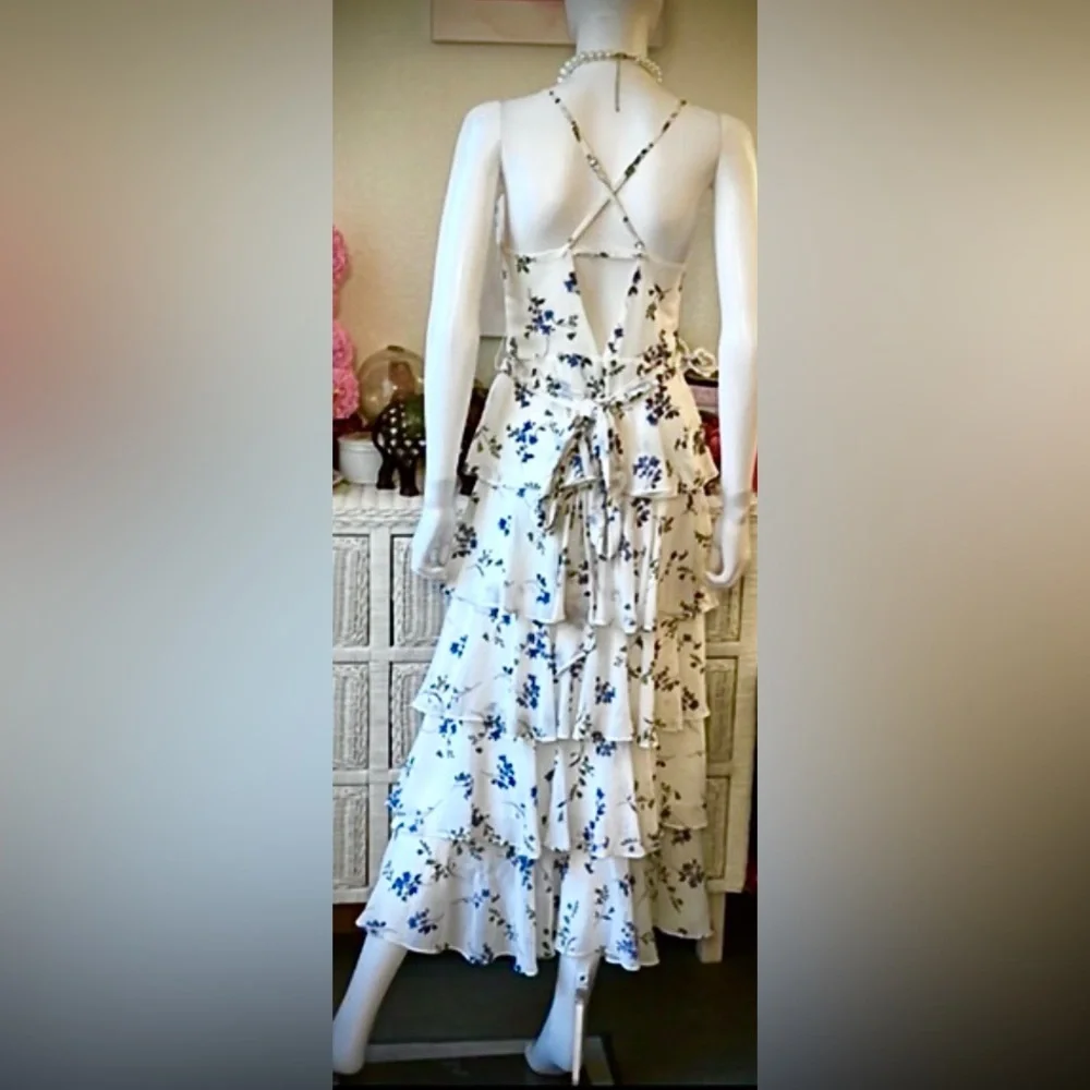 Jay Godfrey Hader Midi Dress Low Cut Tiered Lavender Blue Floral on White size 2 - Picture 4 of 7